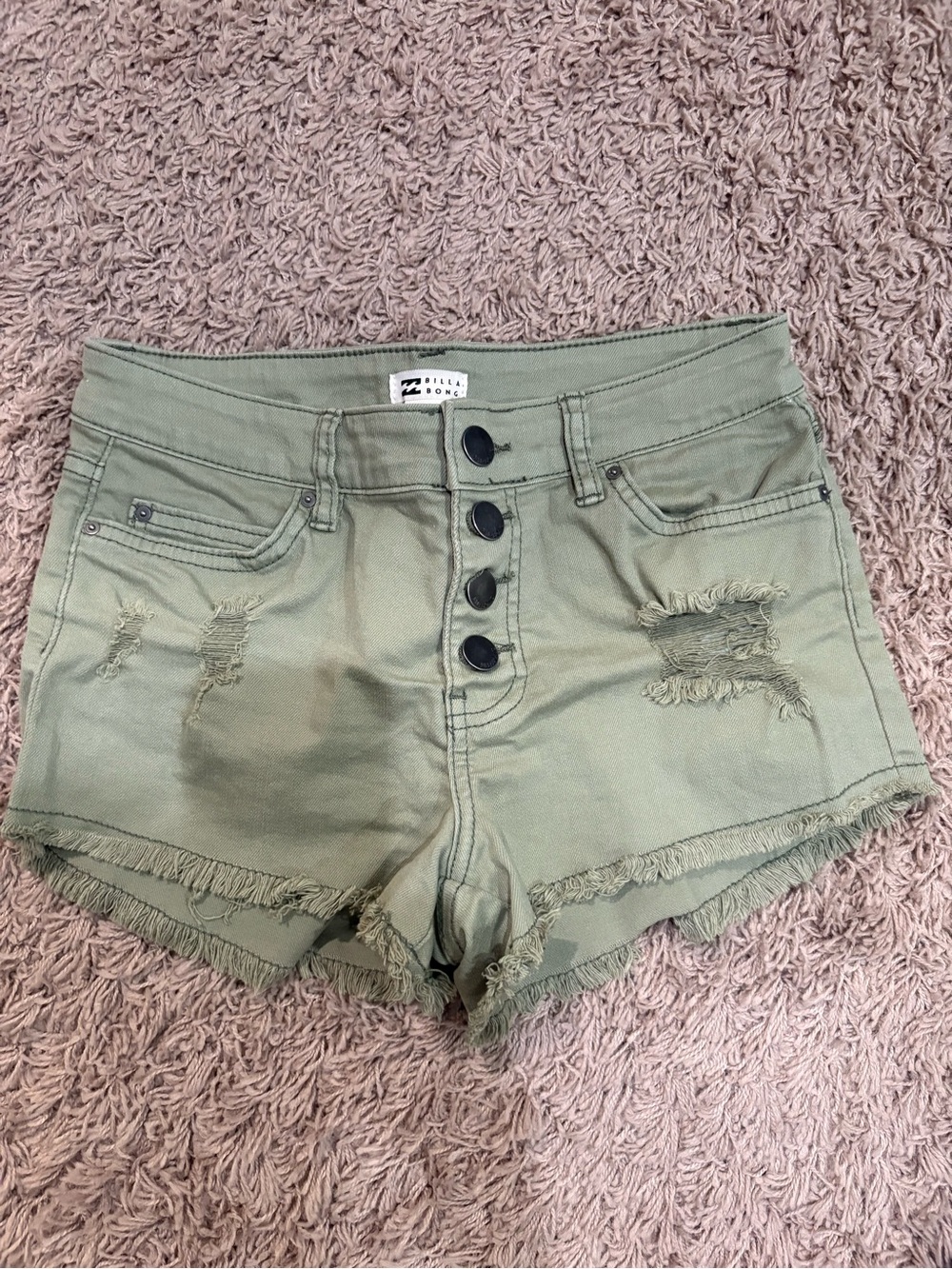 Billabong Olive Green Distressed Button-Fly Denim Shorts